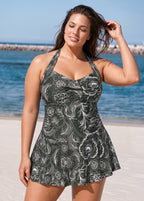 Green Floral Halter V Neck Modest Ruched Plus Size Women's Swimsuit One Piece Swimdress