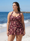 Plum Watercolor Print Halter V Neck Flattering Ruched Curvy Women's One Piece Swimdress
