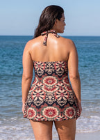 Plus Size Black Boho Floral Halter V Neck Modest Ruched Women's One Piece Swimdress