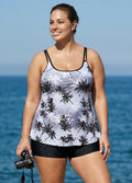 Plus Size Black And White Plants Print Double Straps Modest Tankini Top