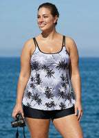 Plus Size Black And White Plants Print Double Straps Modest Tankini Top
