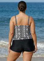 Vintage Geometric Print Double Straps Tankini Top