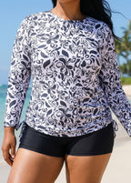 White Round Neck Long Sleeve Floral Printed Side Tie Plus Size Tankini Top