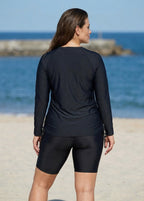 Plus Size Black Long Sleeve Drawstring Women's Swimsuit Tankini Top