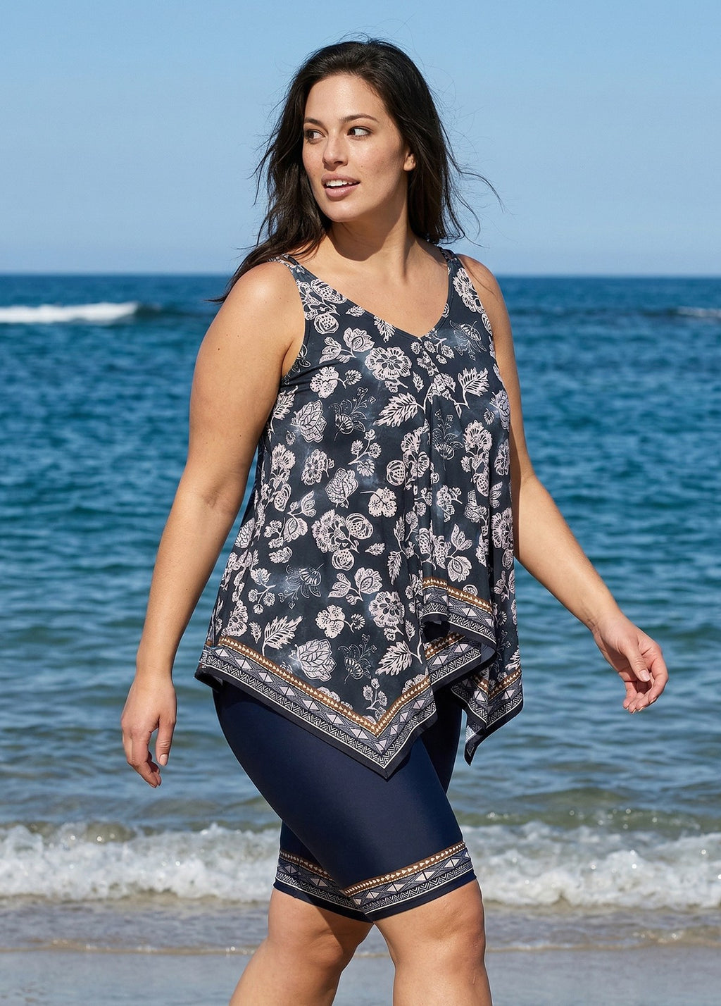 Black Vintage Floral Print Modest Asymmetrical Hem Curvy Swimsuit Two Piece Long Tankini Set