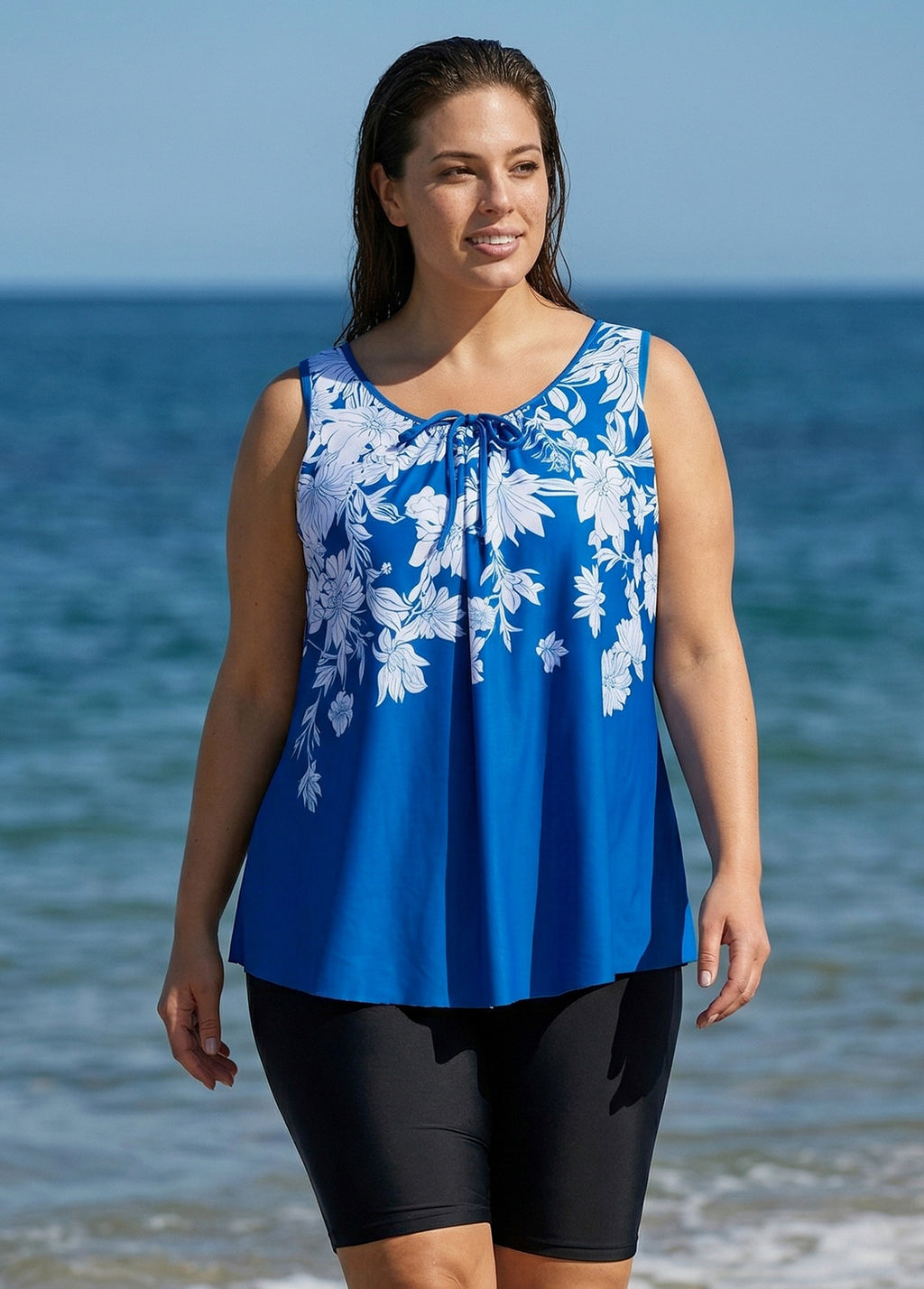 Blue Floral Modest Padded Wide Strap Loose Fit Curvy Women's Swimsuit Long Tankini Top