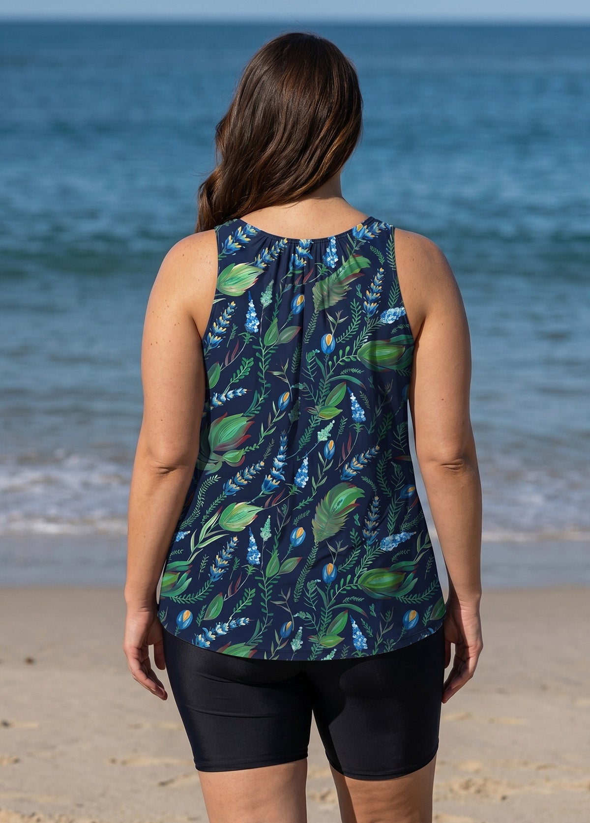 Navy Leaf Scoop Neck Wide Strap Vintage Padded Curvy Women's Swimsuit Tankini Top