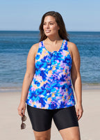 Plus Size Blue Floral Scoop Neck Wide Strap Modest Padded Loose Fit Women's Tankini Top