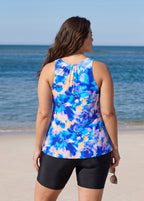 Plus Size Blue Floral Scoop Neck Wide Strap Modest Padded Loose Fit Women's Tankini Top