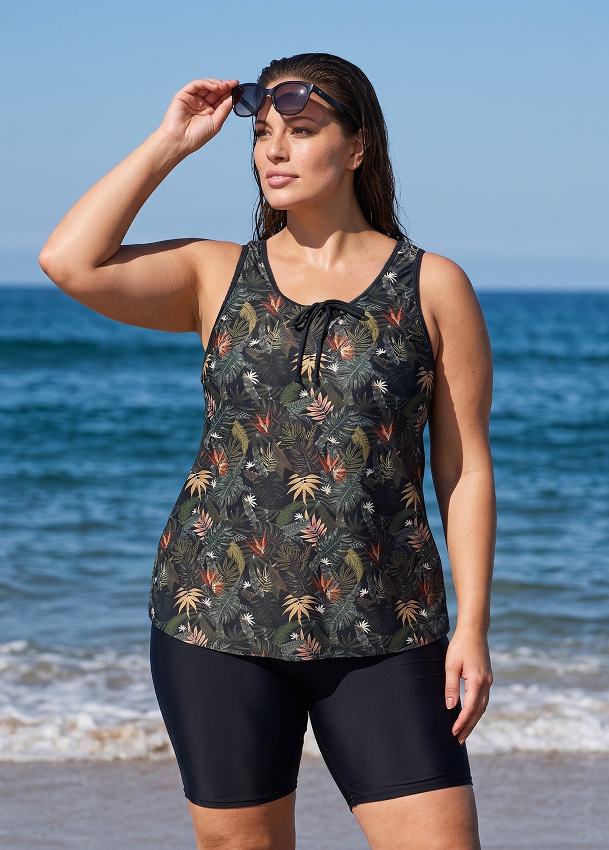Plus Size Black Leaf Scoop Neck Wide Strap Modest Padded Loose Fit Swimsuit Tankini Top