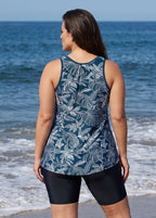 White Leaf Scoop Neck Wide Strap Flattering Padded Loose Fit Curvy Swimsuit Tankini Top