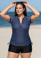 Plus Size Zip Front Striped Short Sleeves Rash Guard Tankini Top