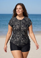 Black Floral Upf50+ Short Sleeves Zipper Drawstring Curvy Swimsuit Rash Guards Tankini Top