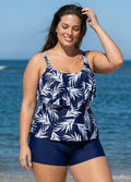 Navy Blue Leaf Print Layered Style Tankini Top