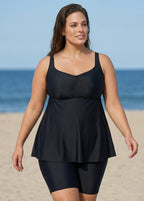 Fashionable Black Square Neck Flowy Plus Size Modest Women's Tankini Swimsuit Top
