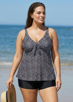 Plus Size Black Polka Dot Print Modest Swimsuits Tankini Top