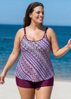 Plus Size Romantic Purple Geometric Casual Tankini Set