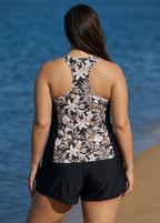 White Floral Zipper Curvy Swimwear Bathing Suits Tankini Top