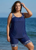 Plus Size Navy Graphic Print Round Neck Tankini Set