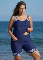 Plus Size Navy Graphic Print Round Neck Tankini Set
