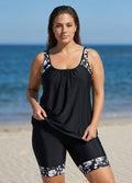 Plus Size Black Floral Print Round Neck Modest Tankini Set
