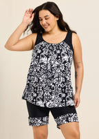 Black White Geometric Scoop Neck Flattering Padded Curvy Women's Swimsuit Tankini Set