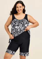 Black White Geometric Scoop Neck Flattering Padded Curvy Women's Swimsuit Tankini Set