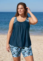 Curvy Teal Floral Scoop Neck Sleeves Modest Women's Swimsuit Two Piece Tankini Set