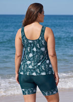 Green Marine Life Scoop Neck Sleeves Curvy Women's Swimsuit Two Piece Tankini Set