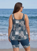Plus Size Blue Boho Print Scoop Neck Sleeveless Modest Loose Fit Women's Swimsuit Tankini Set