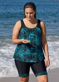 Teal Leaf Print Scoop Neck Sleeveless Flattering Loose Fit Curvy Women's Swimsuit Tankini Set