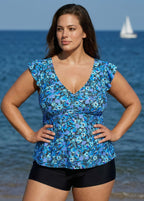 Blue Floral Print V Neck Ruffle Sleeve Plus Size Tankini Top