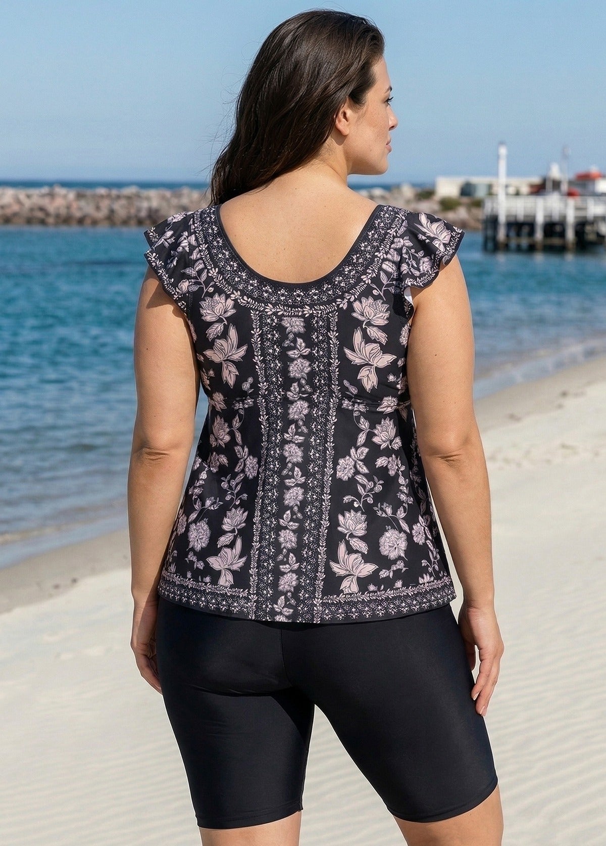 Yellow Floral Print V Neck Cap Sleeves Vintage Ruffle Plus Size Women's Swimsuit Tankini Top