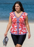 Red Floral V Neck Cap Sleeves Vintage Padded Ruffle Curvy Women's Swimsuit Tankini Top
