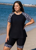 Plus Size Black Floral High Neck Upf50+ Short Sleeves Swimsuit Shirt Two Piece Tankini Set
