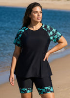 Black Plant High Neck Upf50+ Short Sleeves Curvy Women's Swimsuit Shirt Two Piece Tankini Set