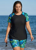 Green Floral Print Upf50+ Short Sleeves Flattering Plus Size Women's Swimsuit Tankini Set