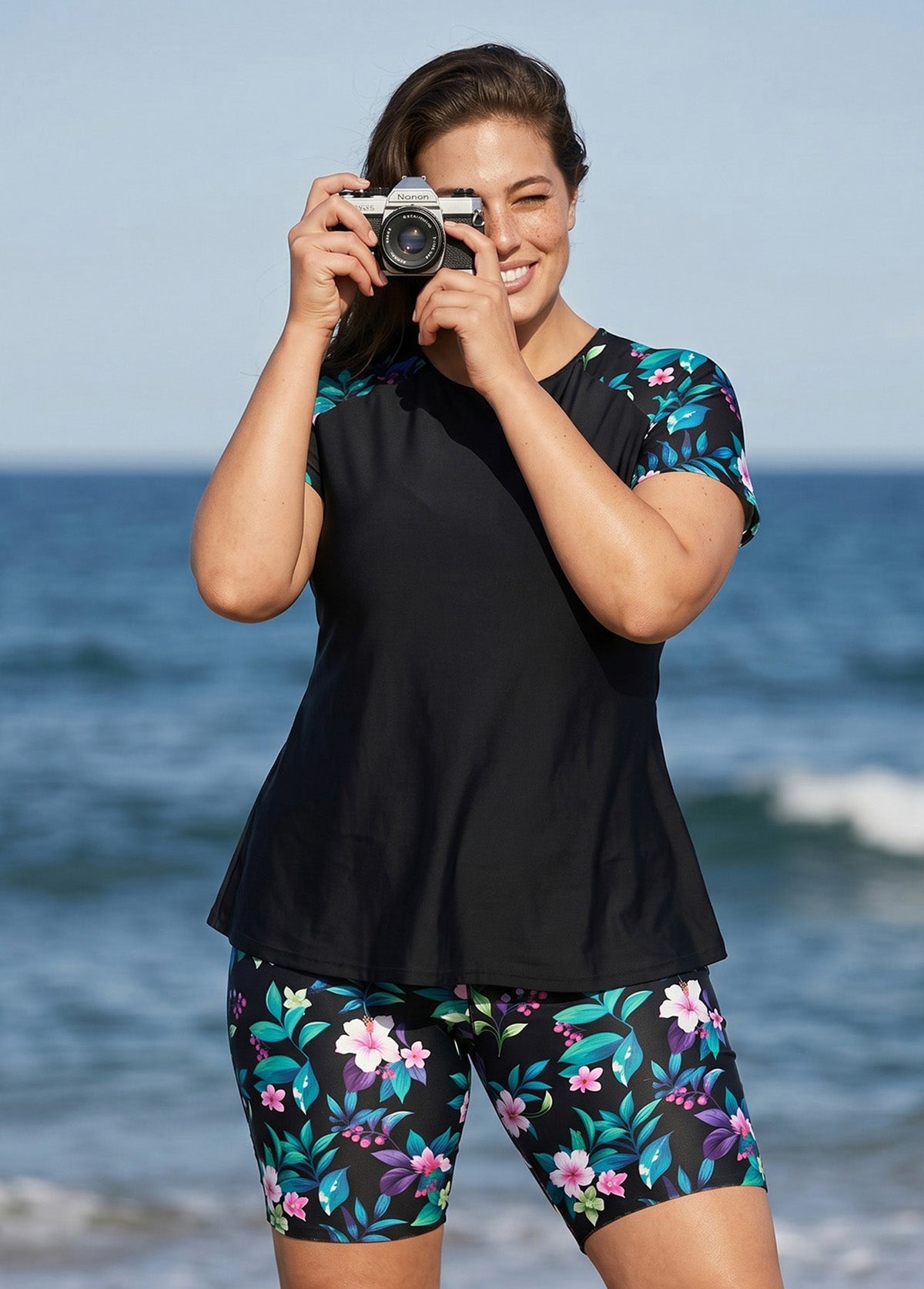 Plus Size Black Floral Print High Neck Upf50+ Short Sleeves Modest Swimsuit Two Piece Tankini Set
