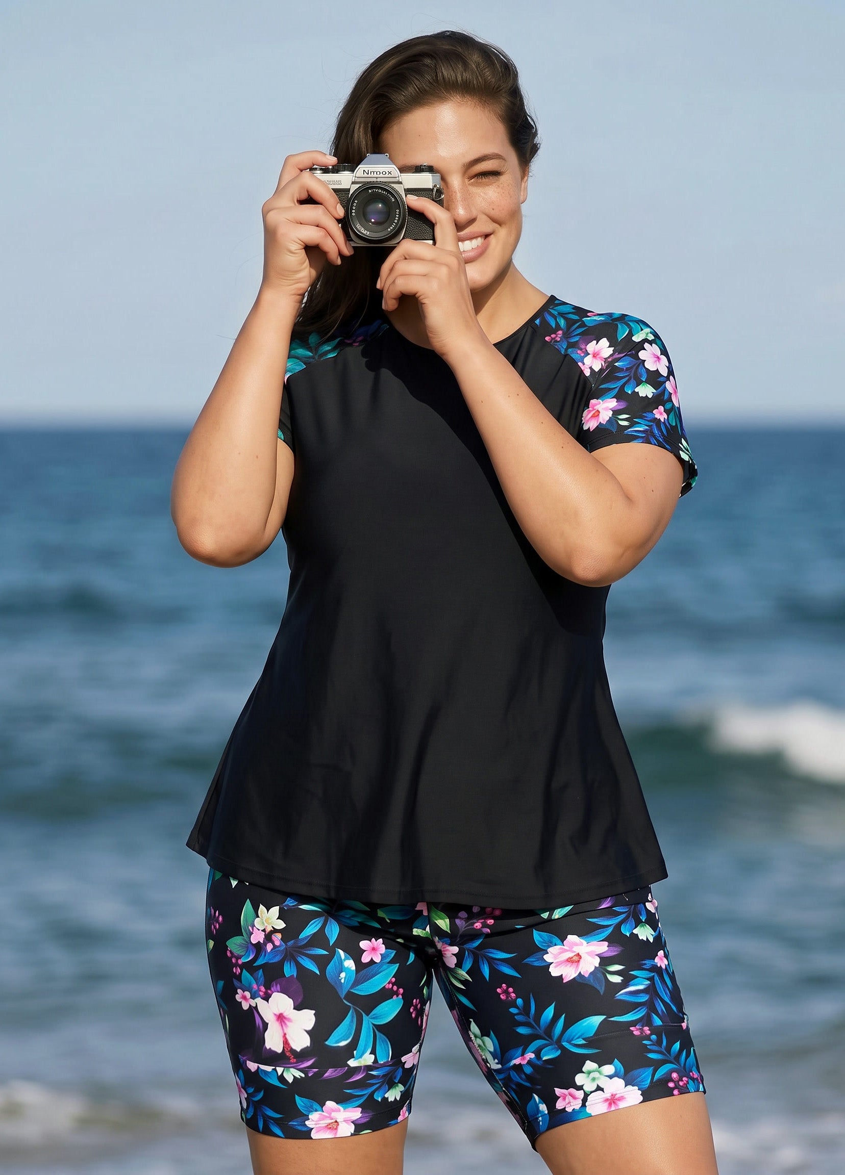 Plus Size Black Floral Print High Neck Upf50+ Short Sleeves Modest Swimsuit Two Piece Tankini Set
