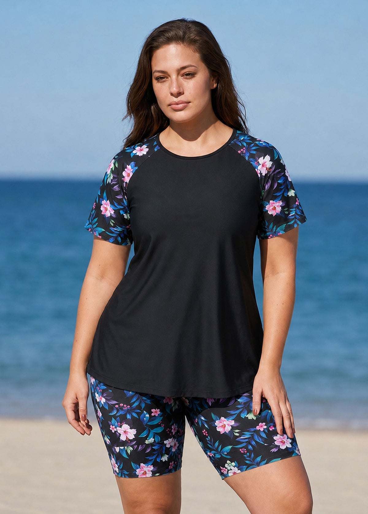 Plus Size Black Floral Print High Neck Upf50+ Short Sleeves Modest Swimsuit Two Piece Tankini Set