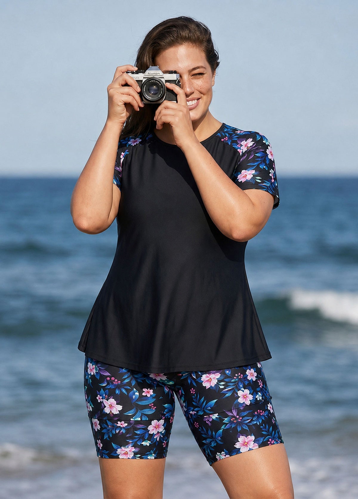 Plus Size Black Floral Print High Neck Upf50+ Short Sleeves Modest Swimsuit Two Piece Tankini Set