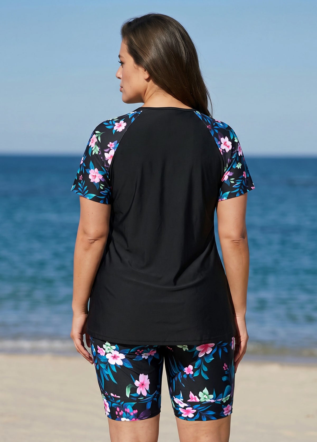Plus Size Black Floral Print High Neck Upf50+ Short Sleeves Modest Swimsuit Two Piece Tankini Set
