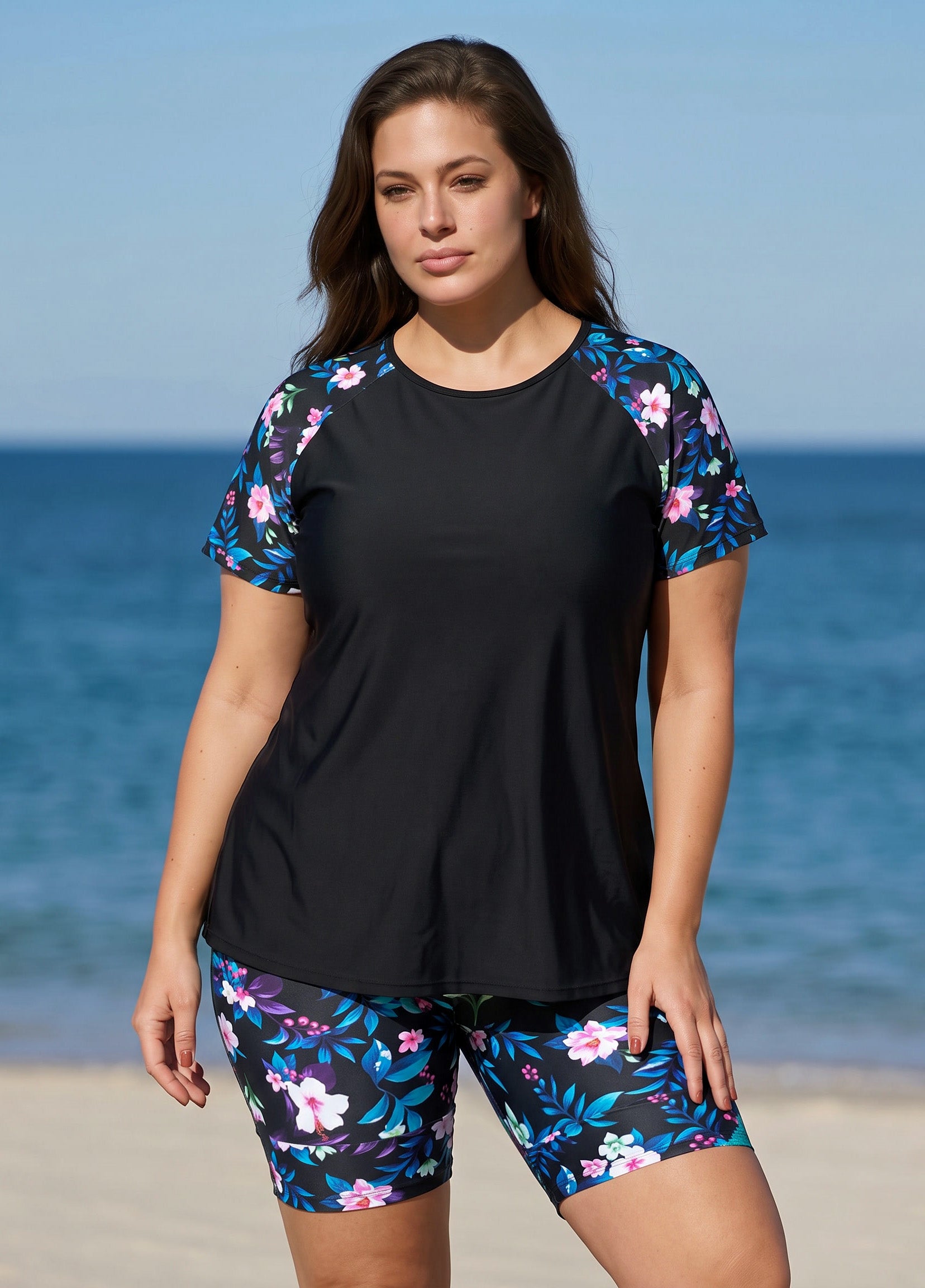 Plus Size Black Floral Print High Neck Upf50+ Short Sleeves Modest Swimsuit Two Piece Tankini Set