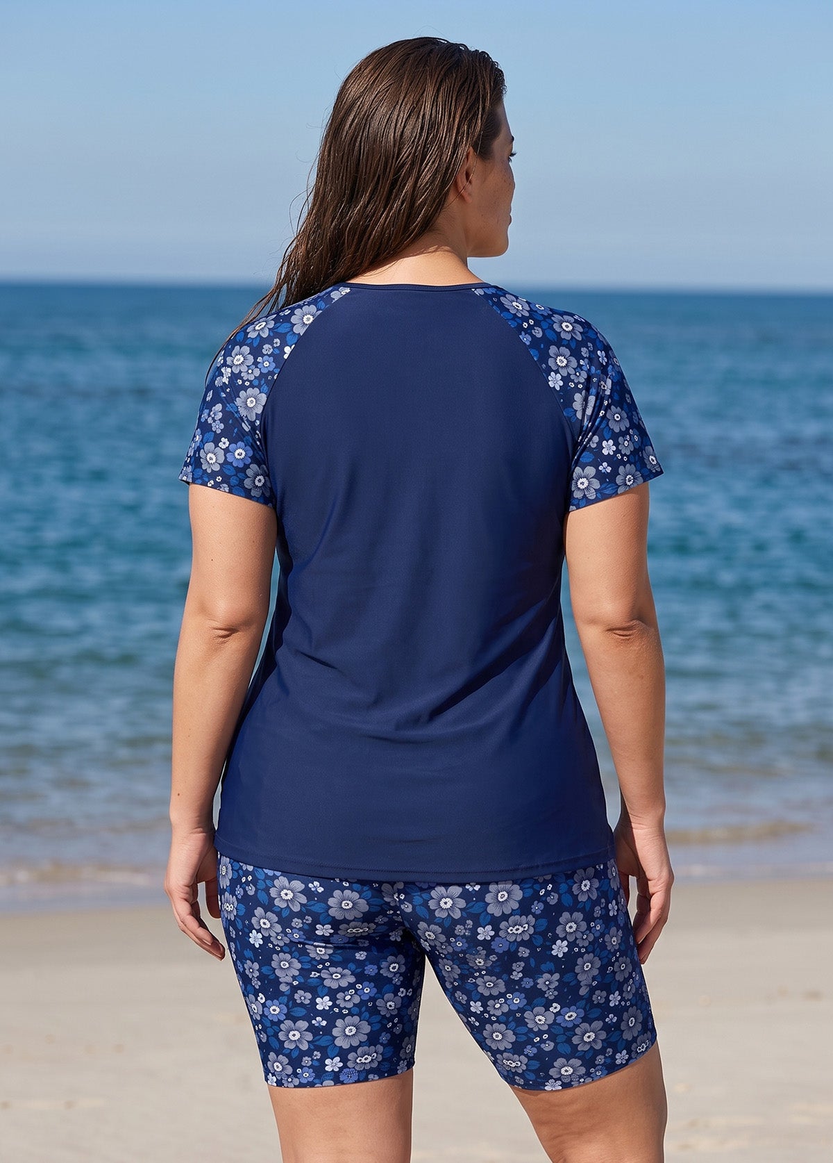 Blue Floral Scoop Neck UPF50+ Short Sleeves Modest Plus Size Swimsuit Two Piece Tankini Set