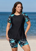 Black Leaf Scoop Neck UPF50+ Short Sleeves Vintage Curvy Swimsuit Two Piece Tankini Set