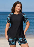 Black Leaf Scoop Neck UPF50+ Short Sleeves Vintage Curvy Swimsuit Two Piece Tankini Set