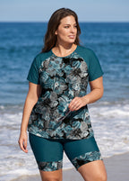 Teal Floral High Neck UPF50+ Short Sleeves Plus Size Women's Swimsuit Two Piece Tankini Set