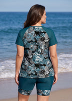 Teal Floral High Neck UPF50+ Short Sleeves Plus Size Women's Swimsuit Two Piece Tankini Set
