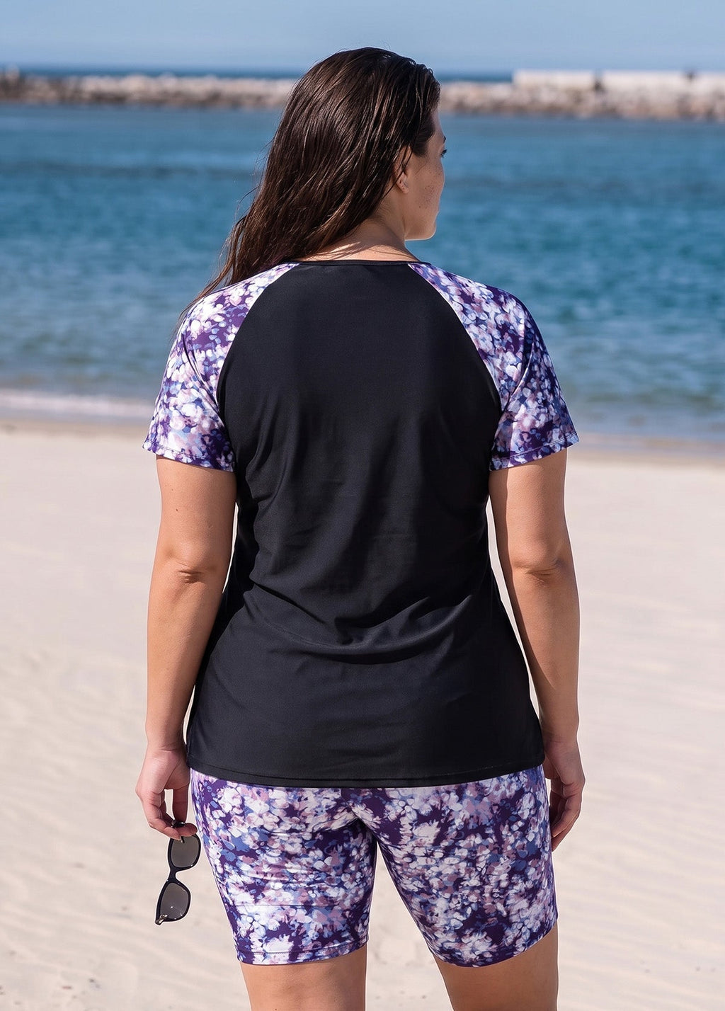 Purple Abstract Floral High Neck UPF50+ Short Sleeves Curvy Women's Swimsuit Two Piece Tankini Set