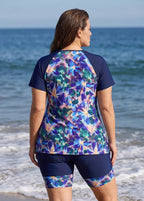 Curvy Blue Purple Watercolor Floral High Neck UPF50+ Short Sleeves Swimsuit Two Piece Tankini Set